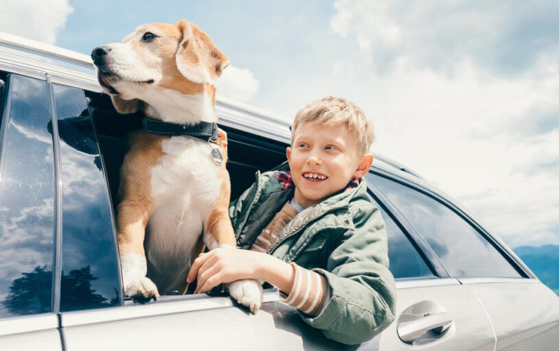 Child and Dog Riding in Car