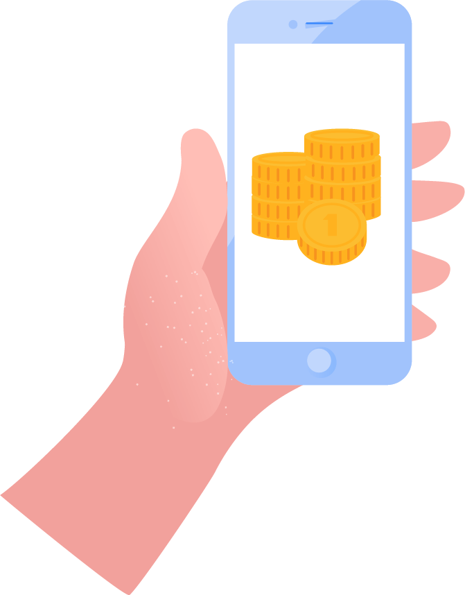 illustration of a hand holding a smartphone with coins on it