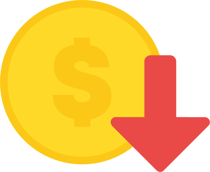 illustration of a gold circle with a USD dollar sign with a red arrow pointing down